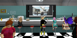 In-world participants chat as they watch the ISTE Conference SIGVE Playground livestream at the newly installed "SIGVE Diner on Second LIfe.